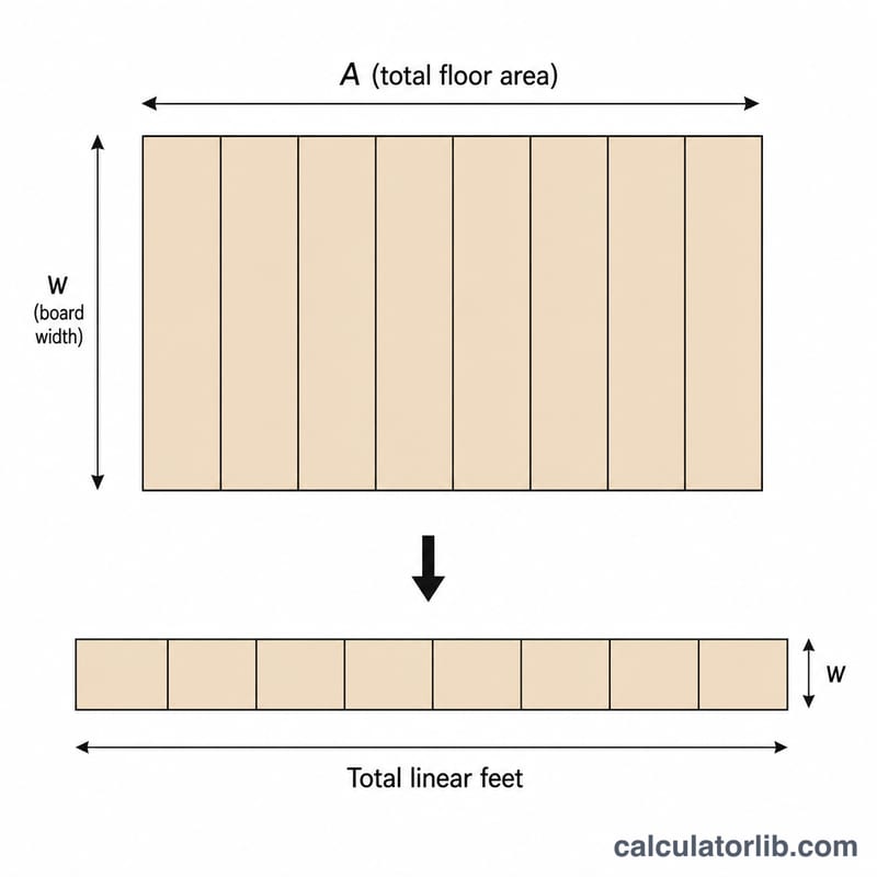 Floor area split into equal-width board strips laid end to end as linear feet