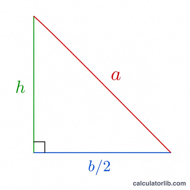 Right triangle showing the Pythagorean relationship used to compute leg a from height and half base