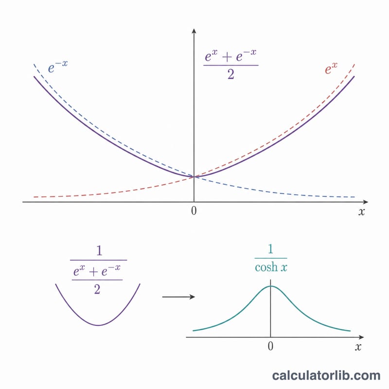 Diagram showing sech as reciprocal of cosh built from two exponential curves