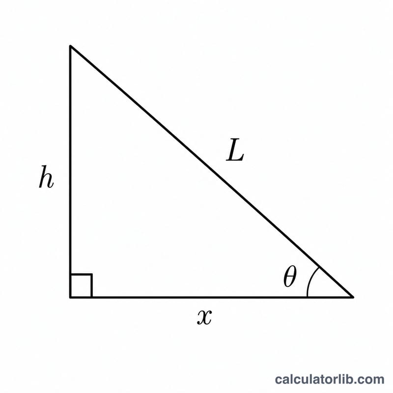 Right triangle showing height as opposite, offset as adjacent, leg as hypotenuse with angle theta