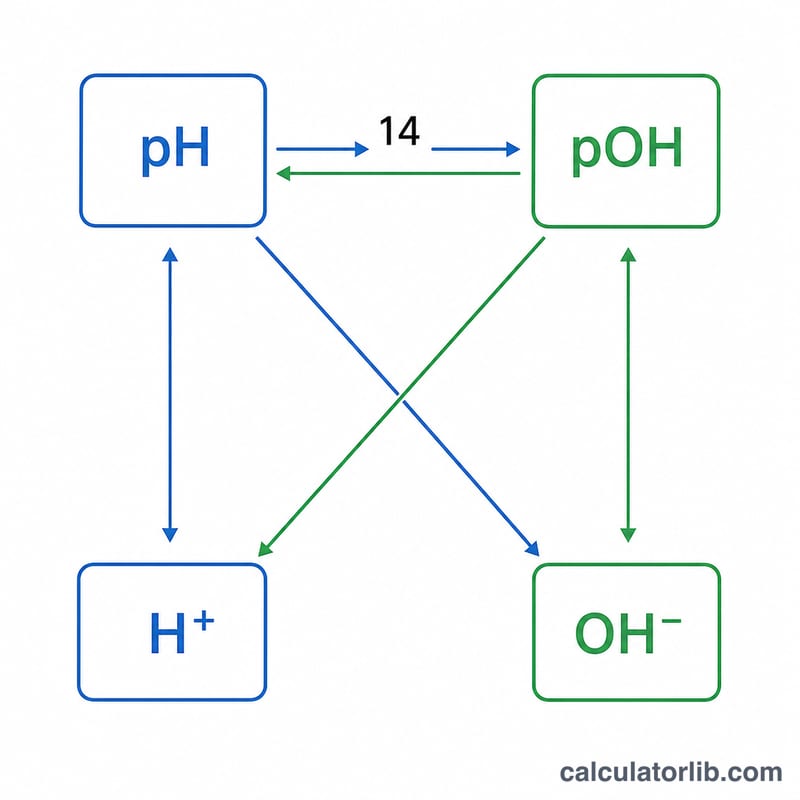 Diagram relating pH, pOH and hydrogen and hydroxide ion concentrations
