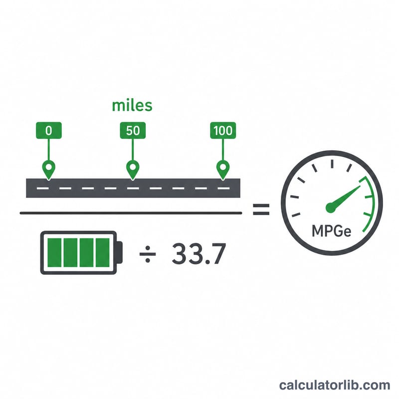 Visual breakdown of the MPGe formula: miles divided by kWh over 33.7