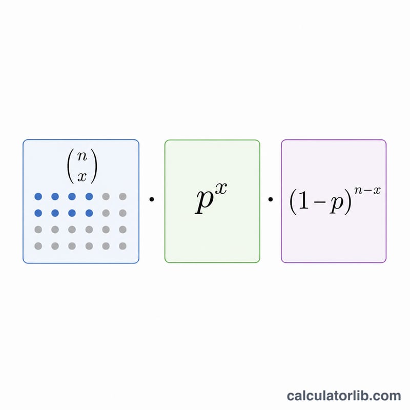 二項式の公式を組み合わせ、p の x 乗、(1-p) の n-x 乗に分解した図