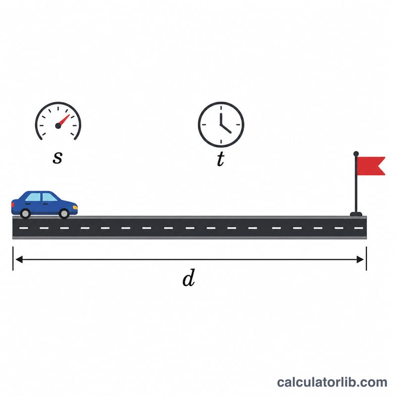 Car traveling a distance along a road with speed and time indicated