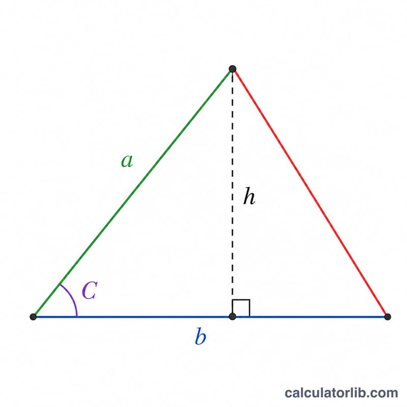 Triangle avec base b, côté a, angle compris C et hauteur h en pointillés montrant h égale a sinus C