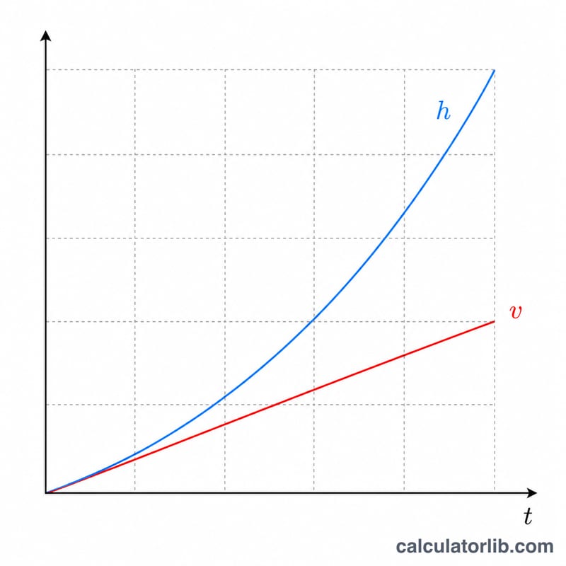 Gráfico que muestra la distancia como una parábola y la velocidad como una línea recta frente al tiempo en caída libre