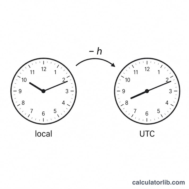 Two clock faces side by side, one showing local time and one showing UTC, with an offset arrow between them