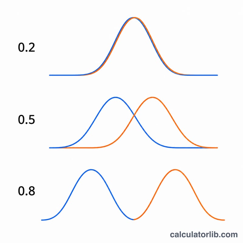 Three pairs of bell curves showing small, medium and large effect sizes