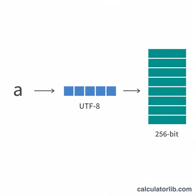 Flat diagram showing UTF-8 byte conversion step then SHA-256 producing a 256-bit output broken into eight 32-bit words