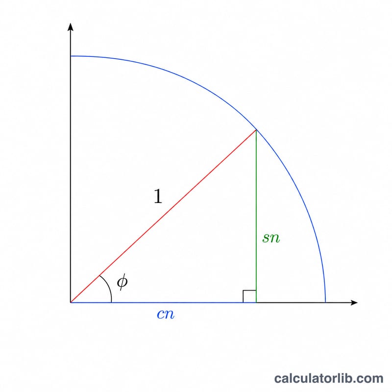 Right triangle showing amplitude angle phi with sine and cosine giving sn and cn