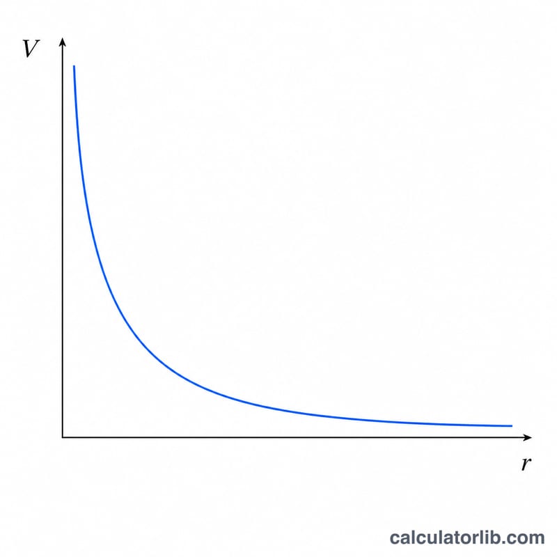 Graph showing potential V decreasing with distance r as inverse curve