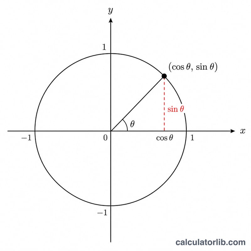 Unit circle with a radius at angle theta and its vertical sine component highlighted