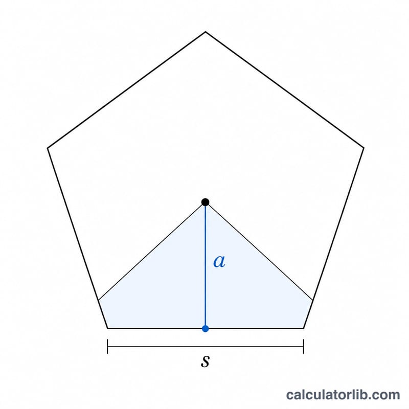 Pentagon showing apothem a from center to side midpoint and side s