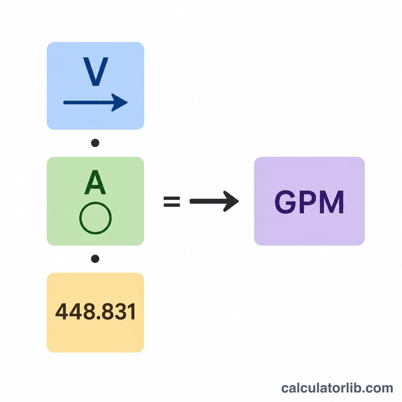 GPM 공식을 유속, 단면적, 변환 계수로 나눈 도표