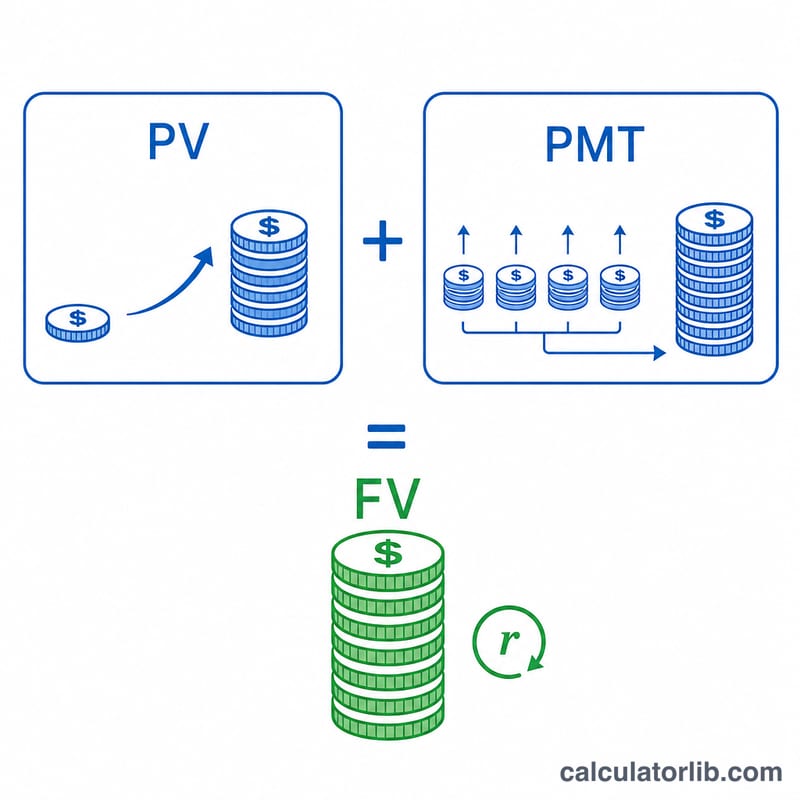 Diagram of the future value formula split into two parts: lump sum growth and contribution growth