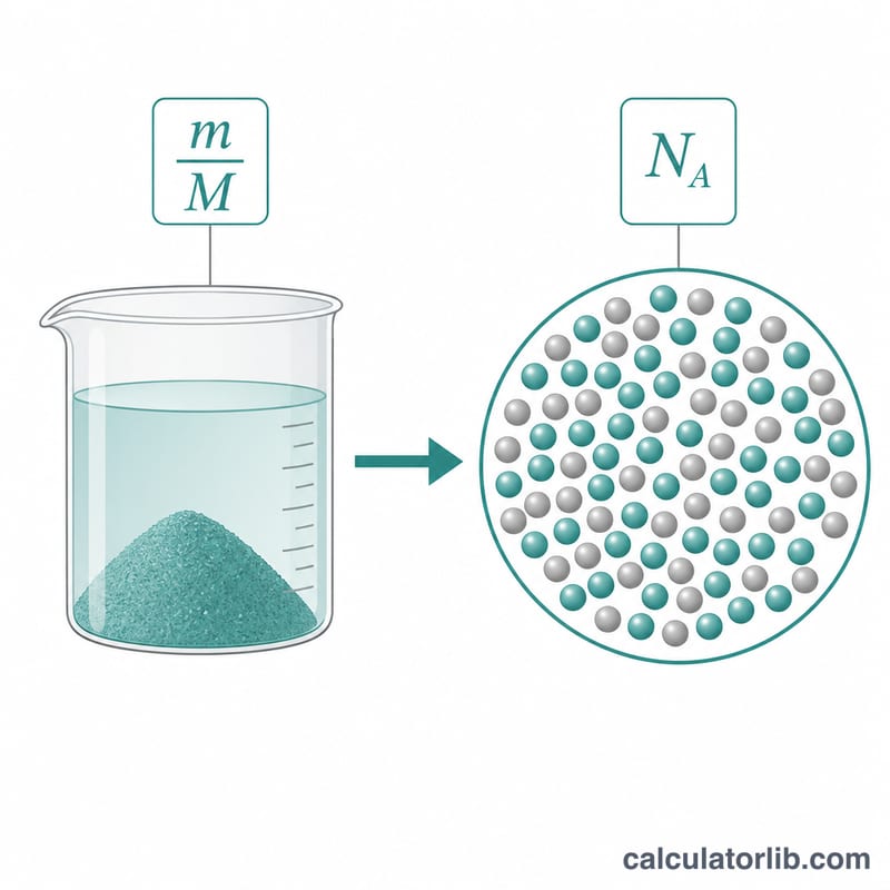 Worked example diagram of converting a sample mass into number of atoms