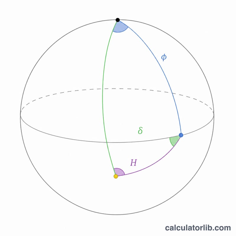 Celestial sphere triangle relating observer latitude, solar declination and hour angle to the Sun's position.