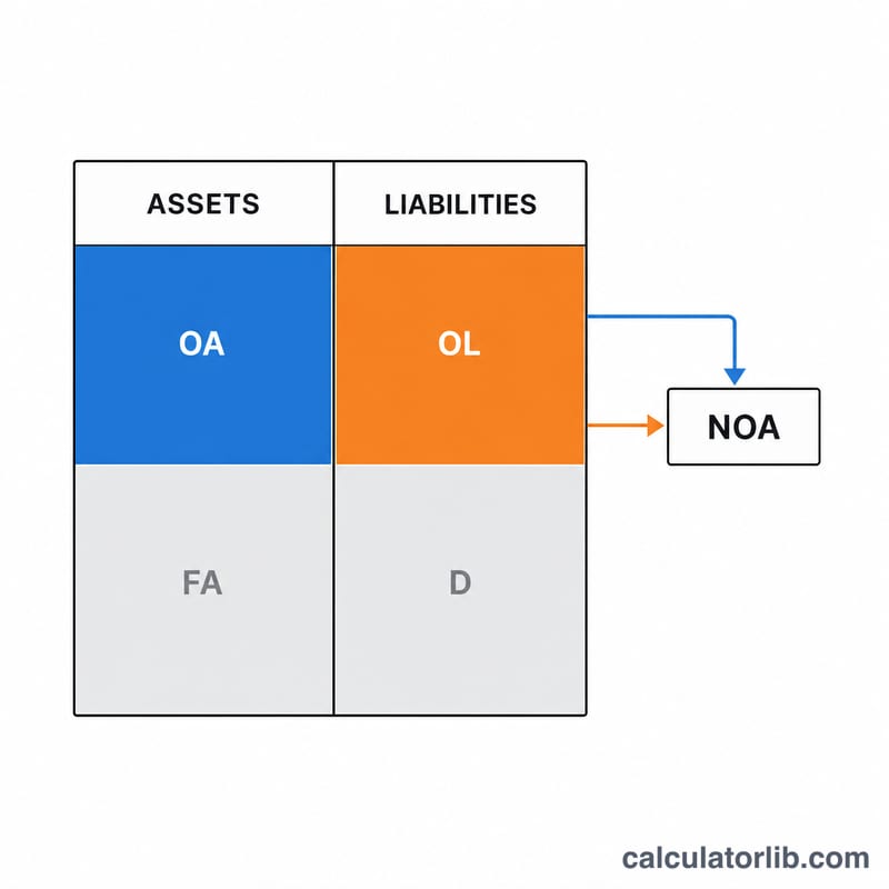 Balance sheet split into operating and financial items contributing to NOA