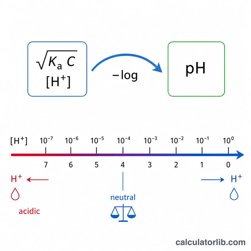Diagram linking square root of Ka times C to hydrogen ion concentration and then to pH via negative log