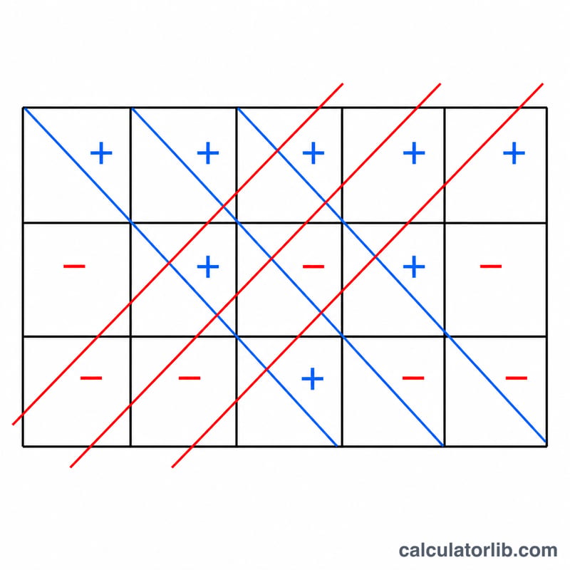 Esquema diagonal de la regla de Sarrus para un determinante 3×3