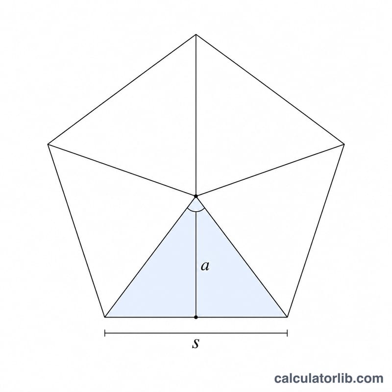 Pentagone divisé en cinq triangles pour montrer que l'aire vaut cinq fois celle d'un triangle