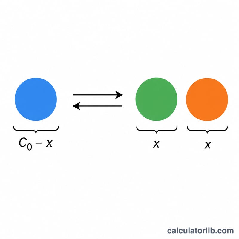 Equilibrium arrow diagram showing reactant dissociating into products with x as amount reacted
