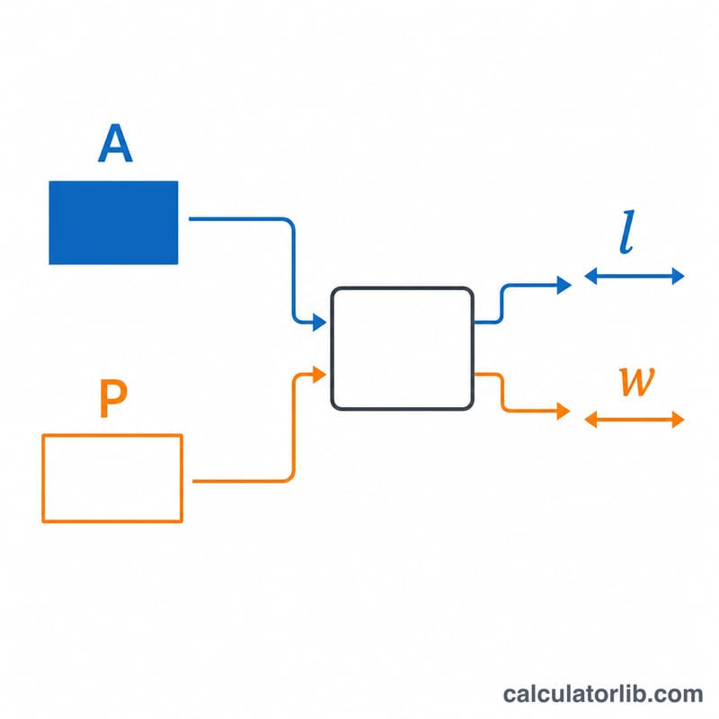 Diagram showing area A and perimeter P as inputs producing length and width