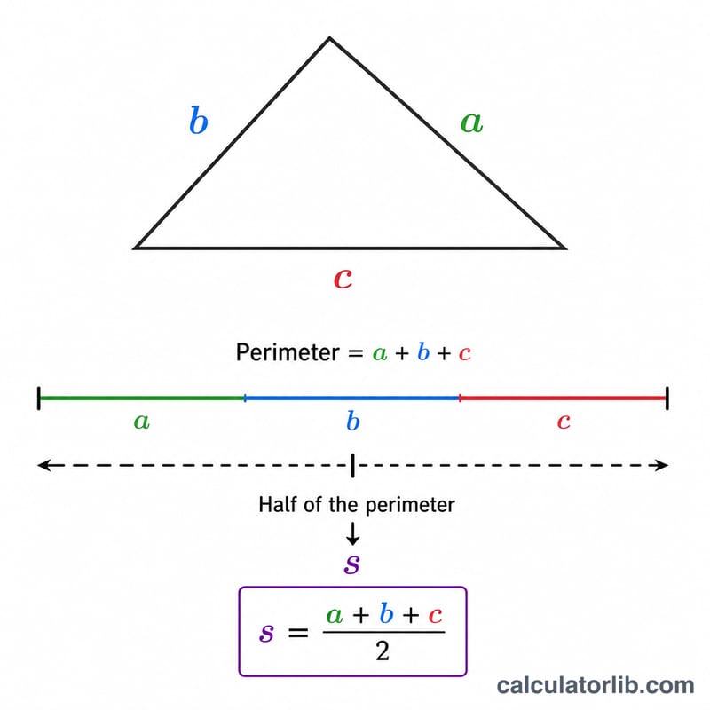 Diagram showing semi-perimeter as half the triangle's perimeter