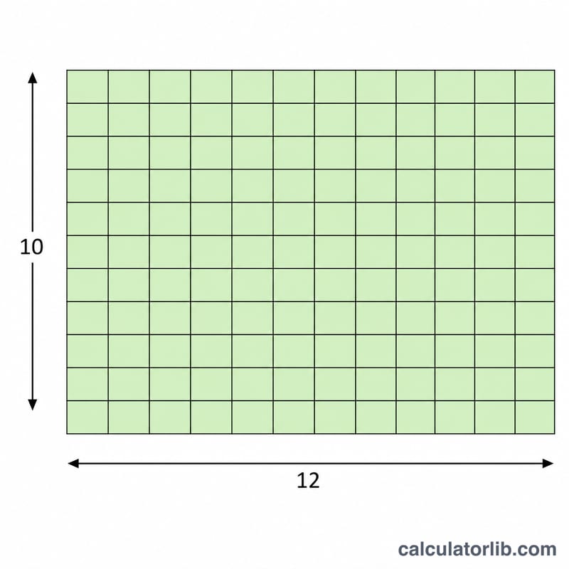 Rectangle divided into a grid of unit squares showing 12 by 10 feet