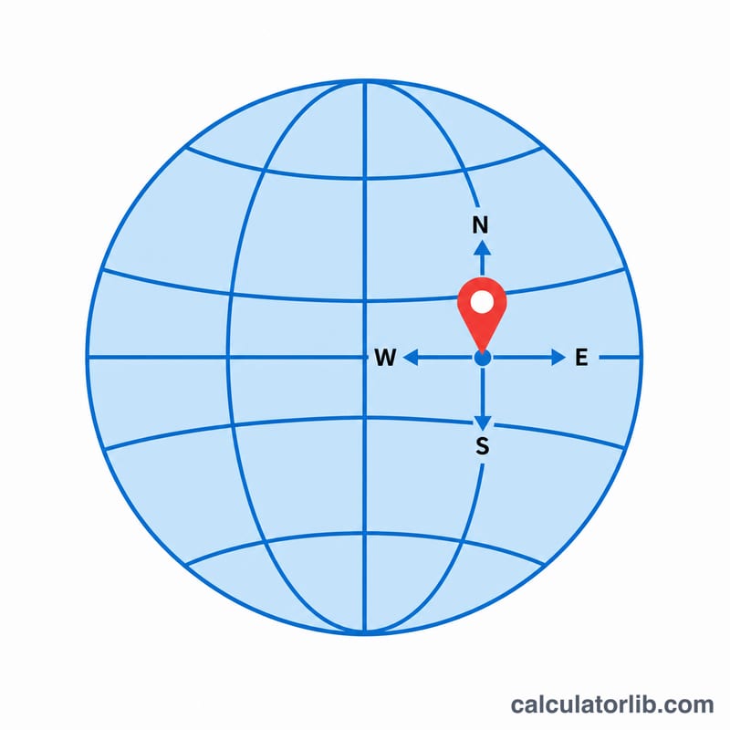 Globe with latitude and longitude lines and a location pin showing N S E W directions
