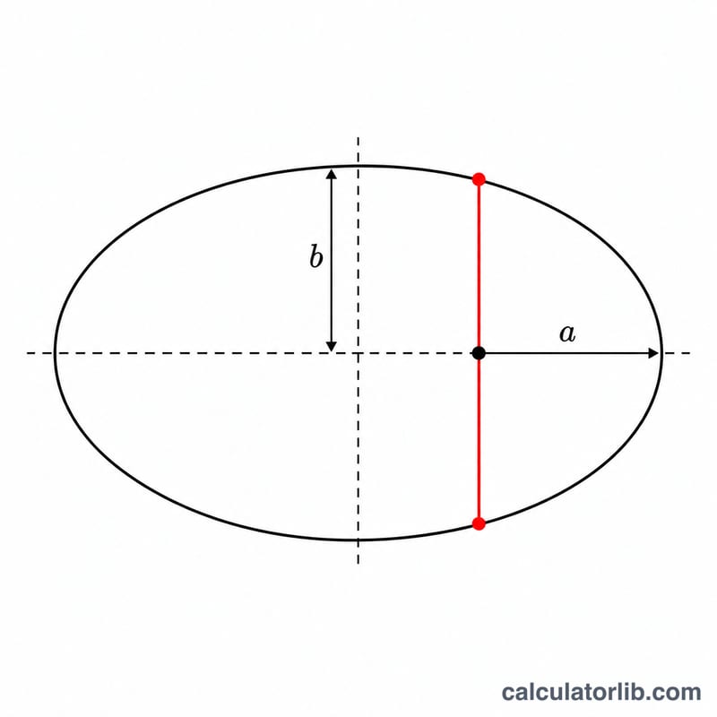 Ellipse showing semi-major axis a, semi-minor axis b and latus rectum at the focus