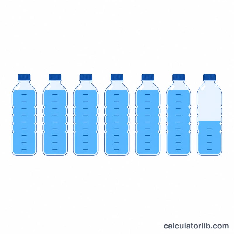 Rangée de bouteilles d'eau représentant l'eau totale répartie en nombre de bouteilles