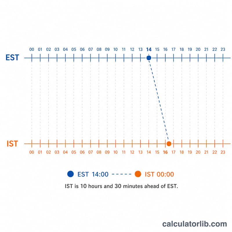 Two parallel 24-hour timelines for EST and IST offset by 10 hours 30 minutes