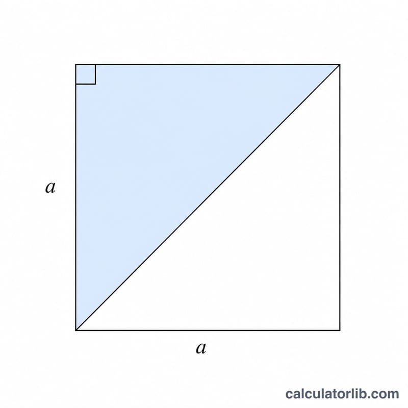 Square split by a diagonal into two congruent isosceles right triangles, showing area a-squared over two