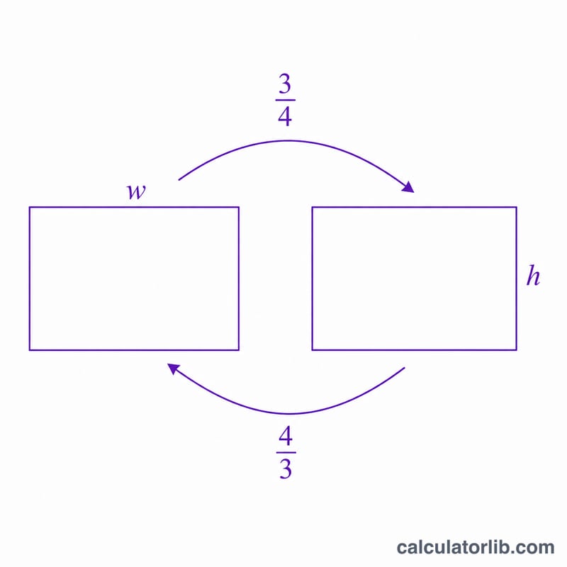 Two rectangles showing conversion: width to height and height to width using 3/4 and 4/3