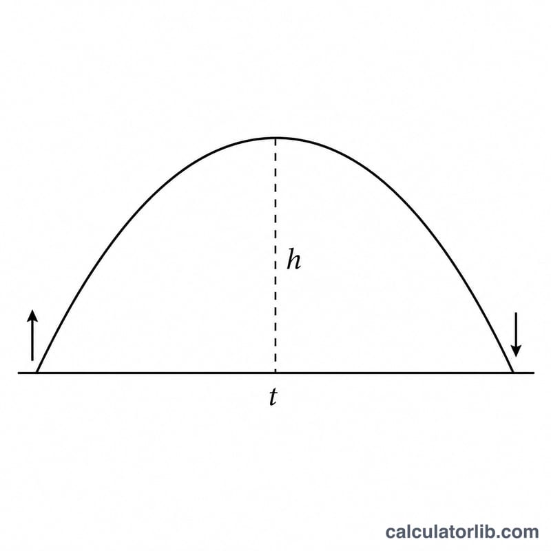 Parabolic trajectory of center of mass over time showing total hang time t and peak height h