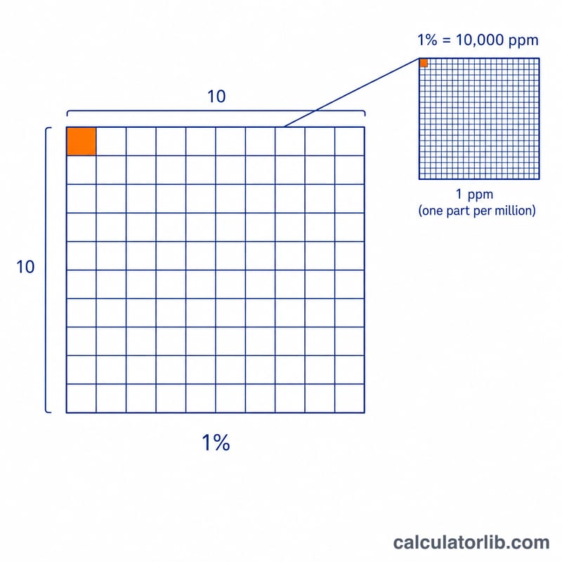 Square grid showing one percent as part of a whole compared to fine ppm subdivisions