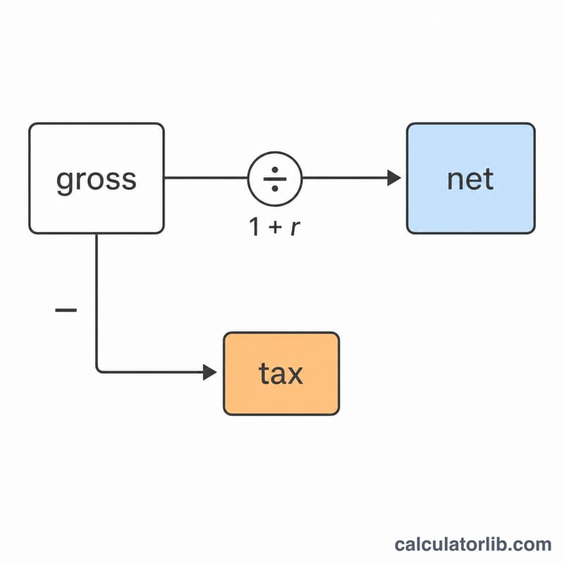 Formula flow: gross divided by one plus rate gives net, gross minus net gives tax