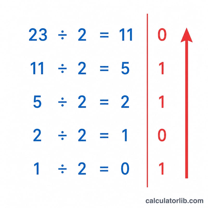 Repeated division by 2 showing quotients and remainders read bottom to top