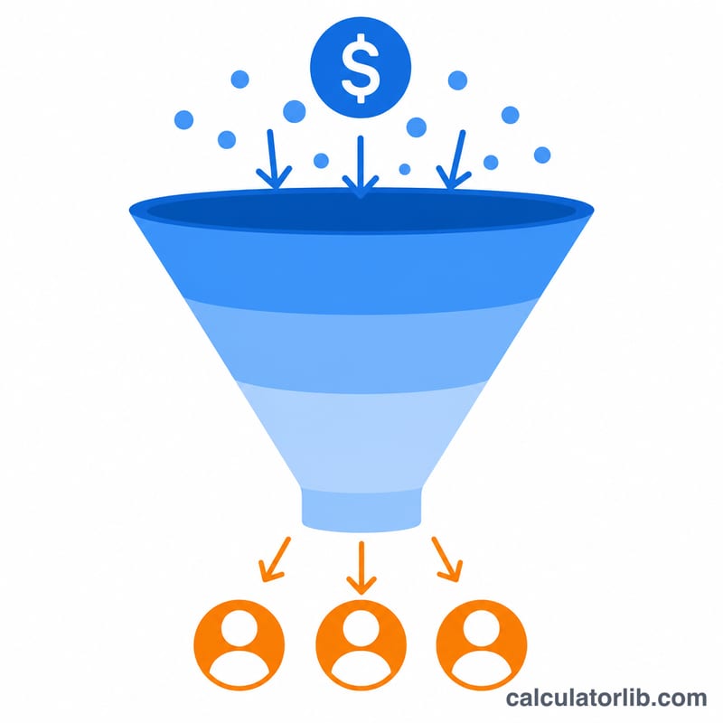 Marketing funnel showing ad spend converting into a smaller number of acquired customers