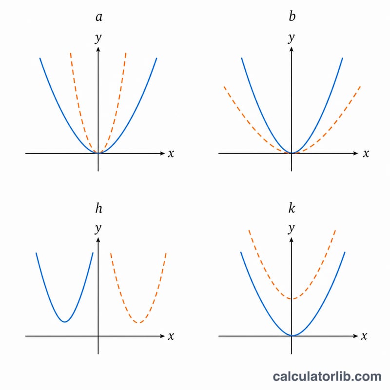 Four small panels each showing one type of function transformation applied to a simple curve