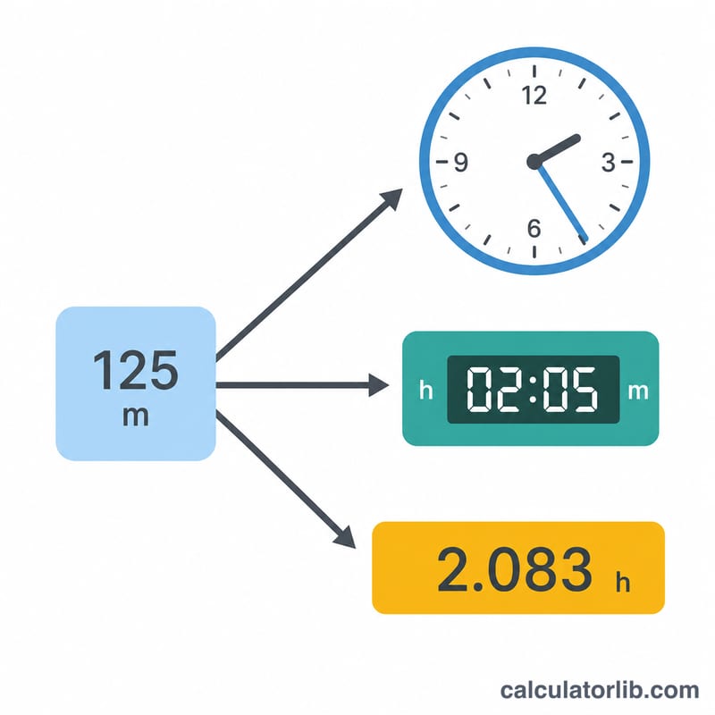 Une valeur en minutes convertie en heures-et-minutes, hh:mm et heures décimales