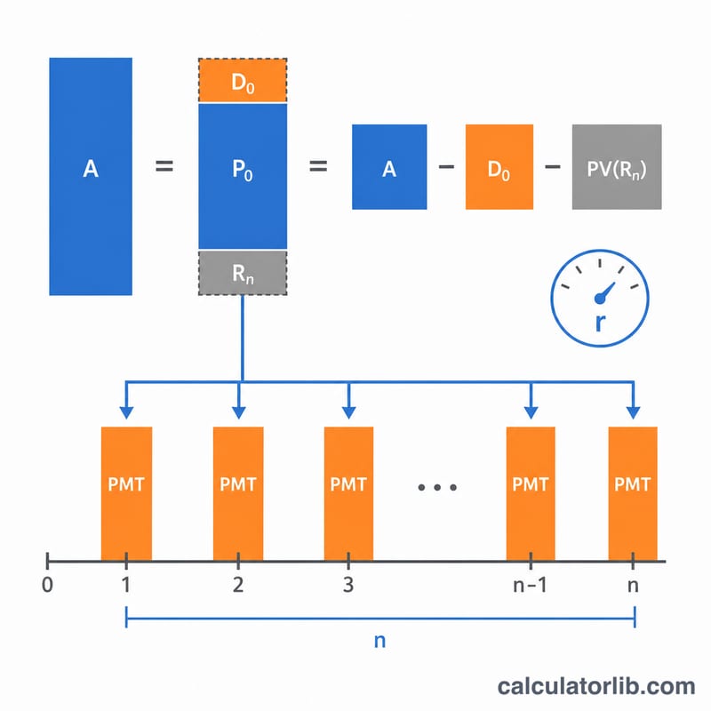 Flat diagram of formula components: asset value, down payment, residual discounted, rate and term