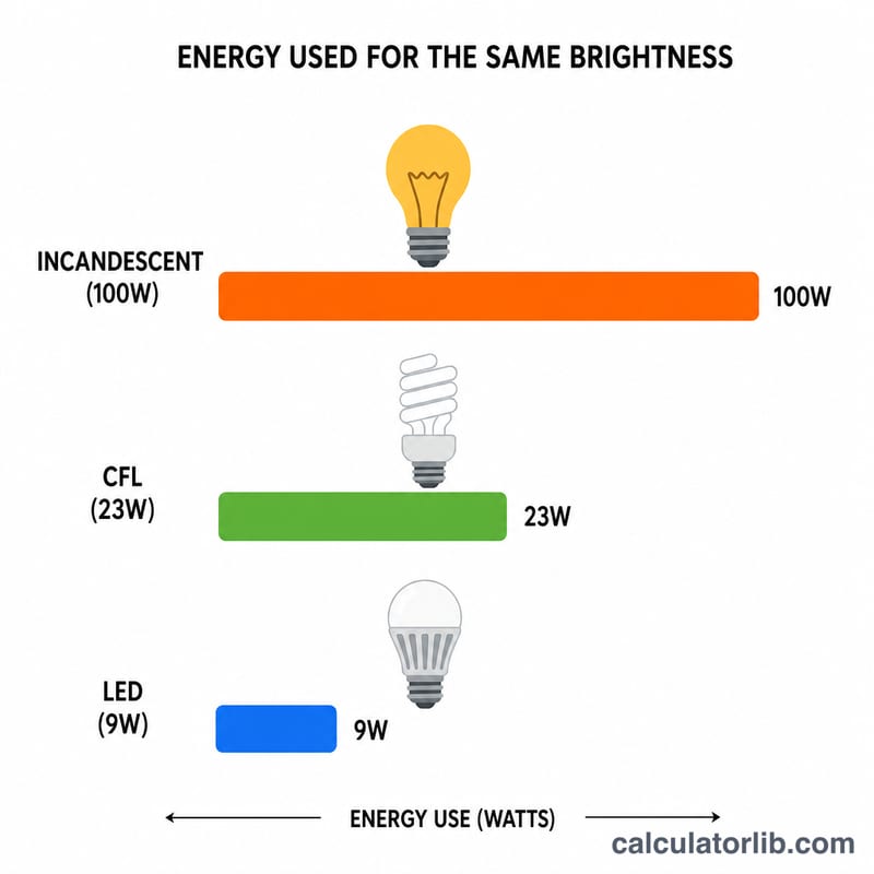Biểu đồ cột so sánh mức tiêu thụ điện của bóng sợi đốt, CFL và LED ở cùng độ sáng