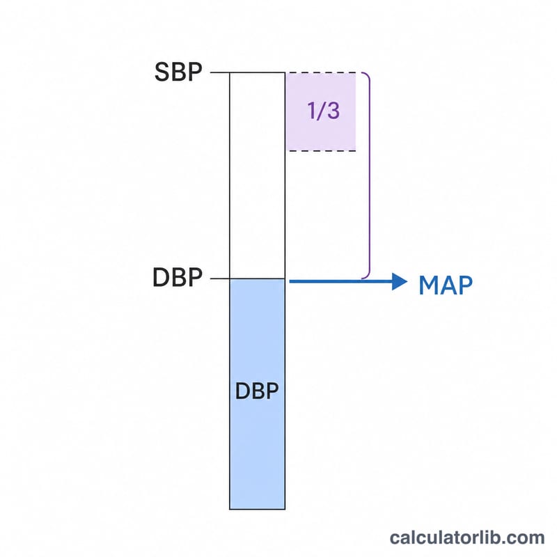 Visual breakdown of the MAP formula showing pulse pressure as the gap between systolic and diastolic, with one third added to diastolic