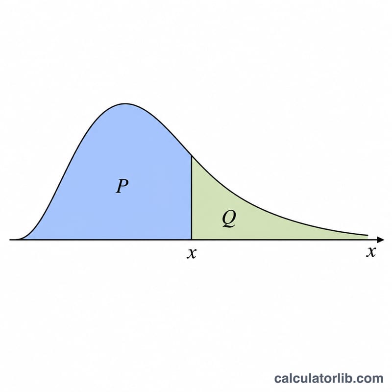 Density curve with shaded lower and upper cumulative areas split at a value