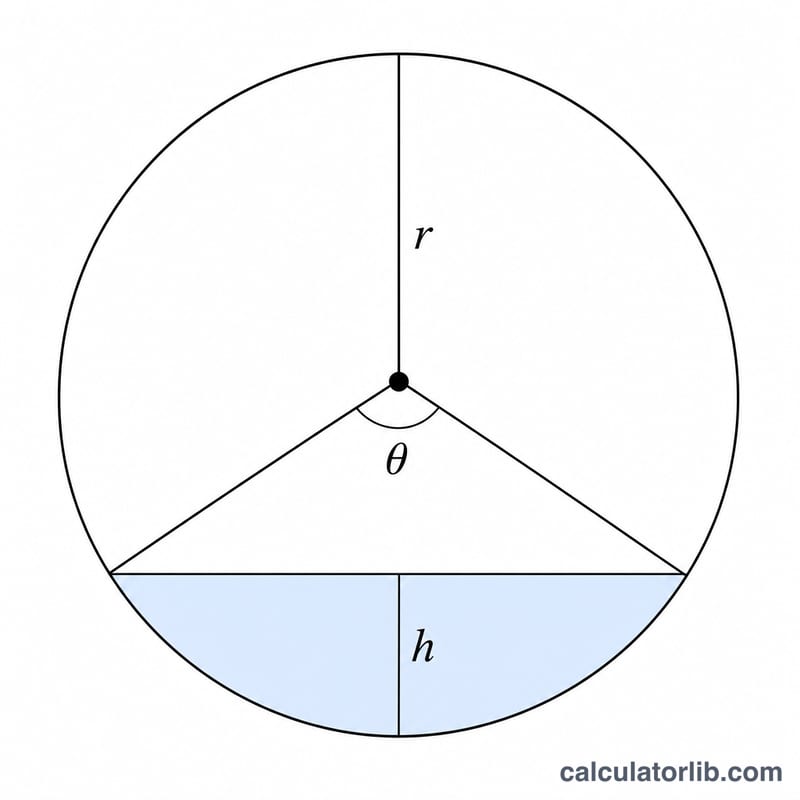 Geometry of a partially filled circle showing radius r, fill depth h, the center, and the chord at the liquid surface forming the central angle