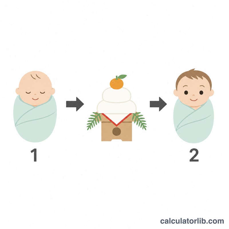 Diagram showing kazoedoshi age counting where a baby is age one at birth and gains a year each new year