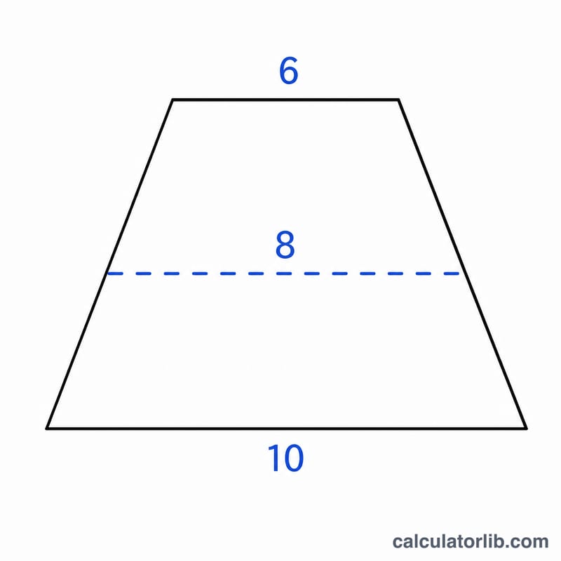 Exemple résolu de trapèze : base a = 6, base b = 10 et médiane = 8