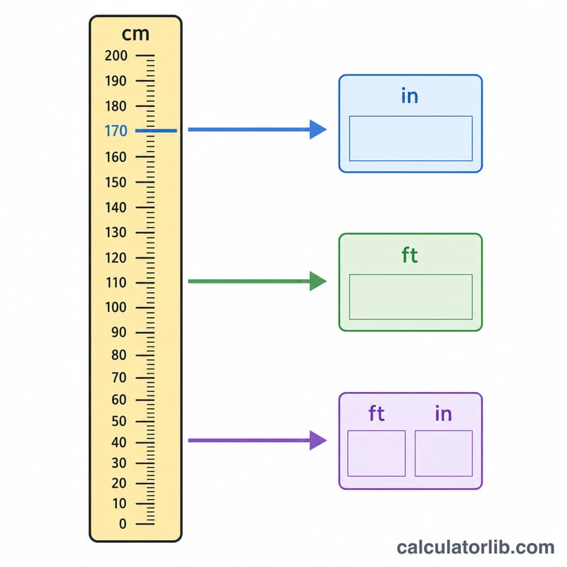 A vertical height ruler in centimeters with arrows mapping to feet-and-inches and decimal feet